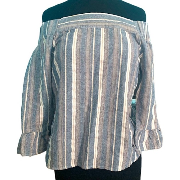 Ethereal By Paper Crane Off Shoulder Ticking Stripe Linen Blend Top Size Small - Picture 1 of 6